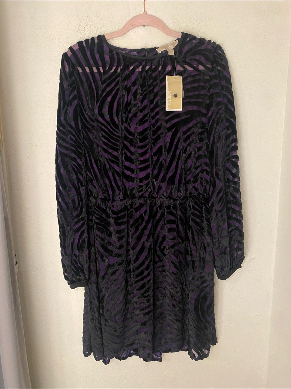 Michael Kors Black and Purple Zebra-Print Velvet Long Sleeve Dress